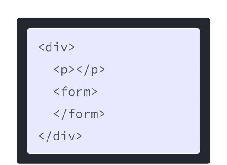 ترميز HTML بخلفية بنفسجية و div يحتوي على علامتي p و form كطفلين له.